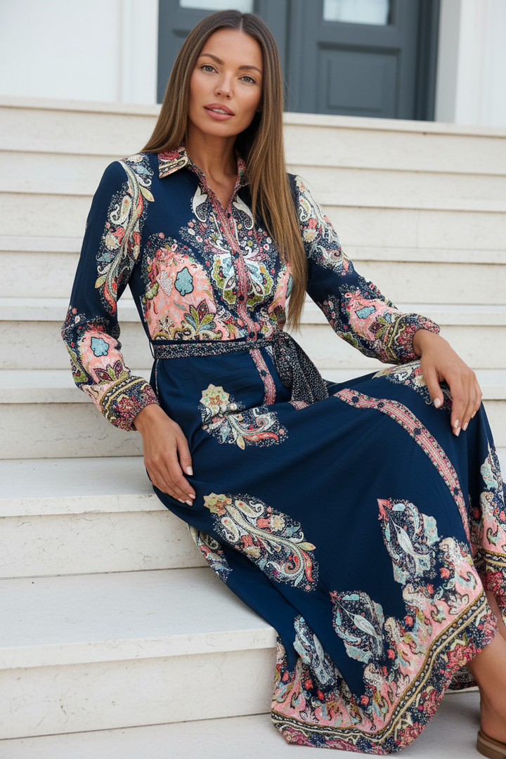 Gidget Long Sleeve Dress in Navy Multi Print