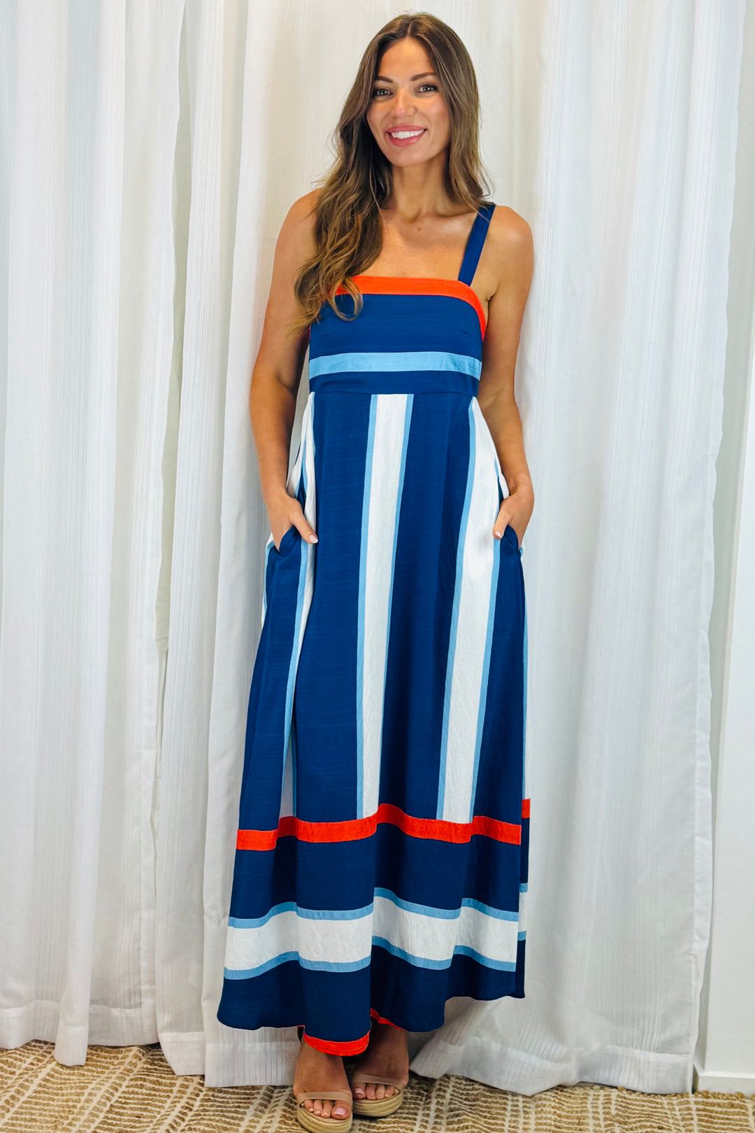 Yasmin Blue, White And Orange Stripe Midi