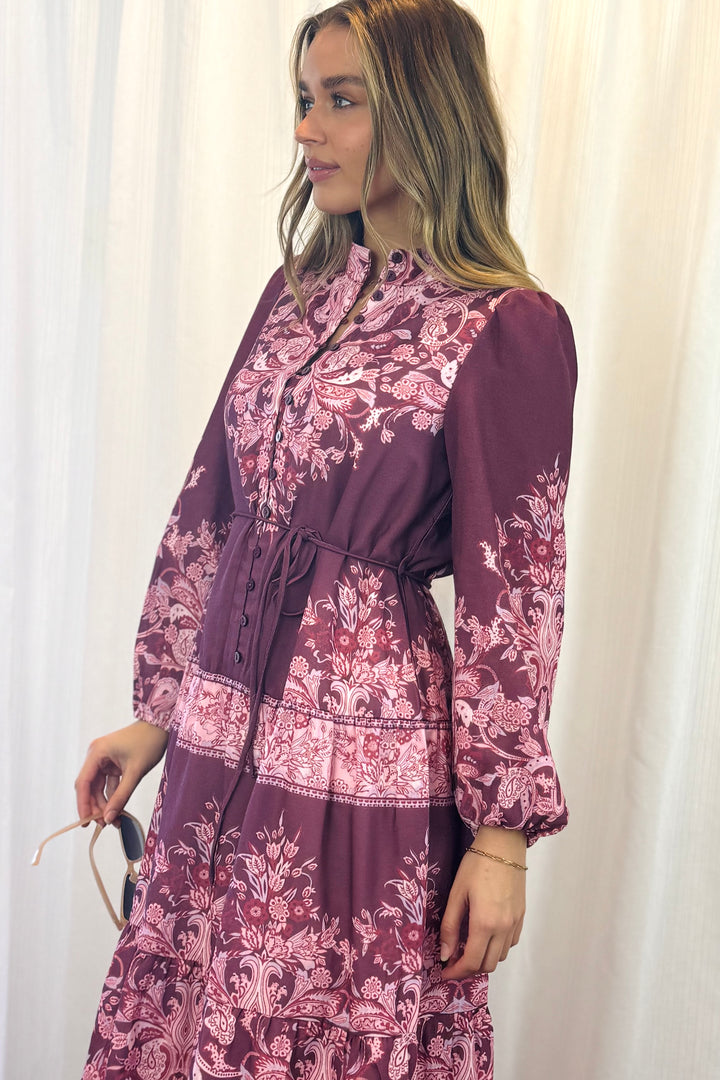 Sabrina Midi Multi Print Dress in Pink and Claret