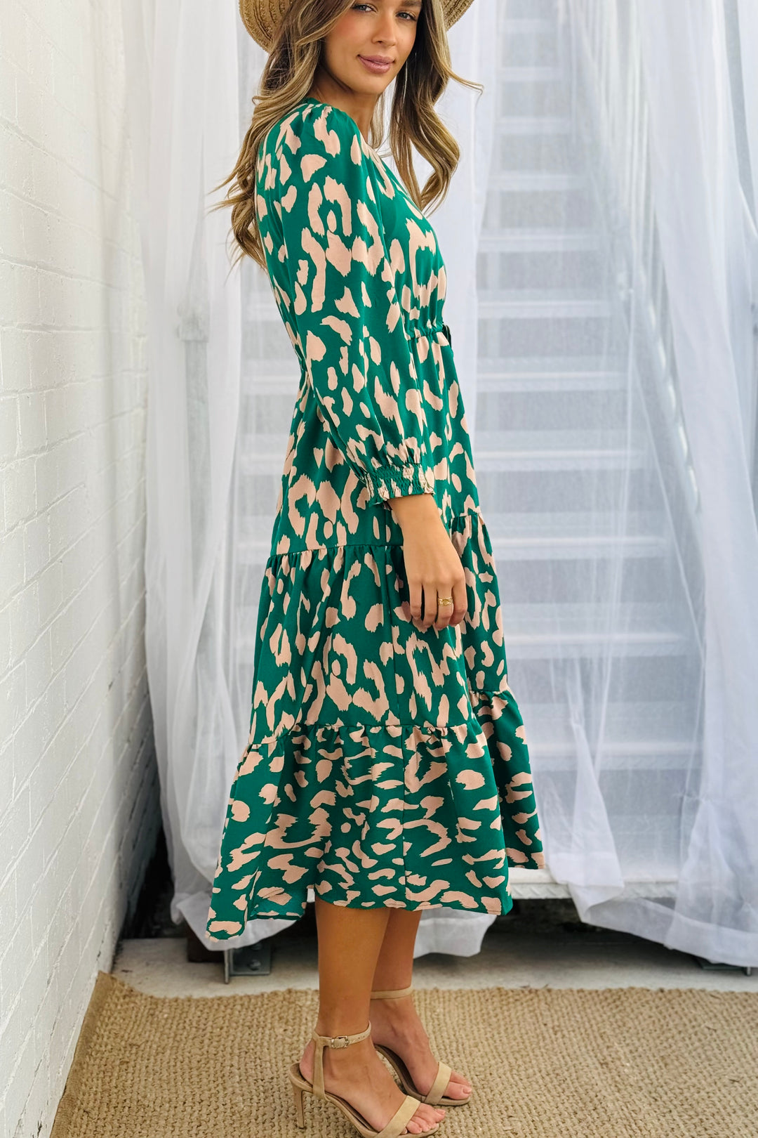 Molli Midi Drawstring Dress in Green Animal Print