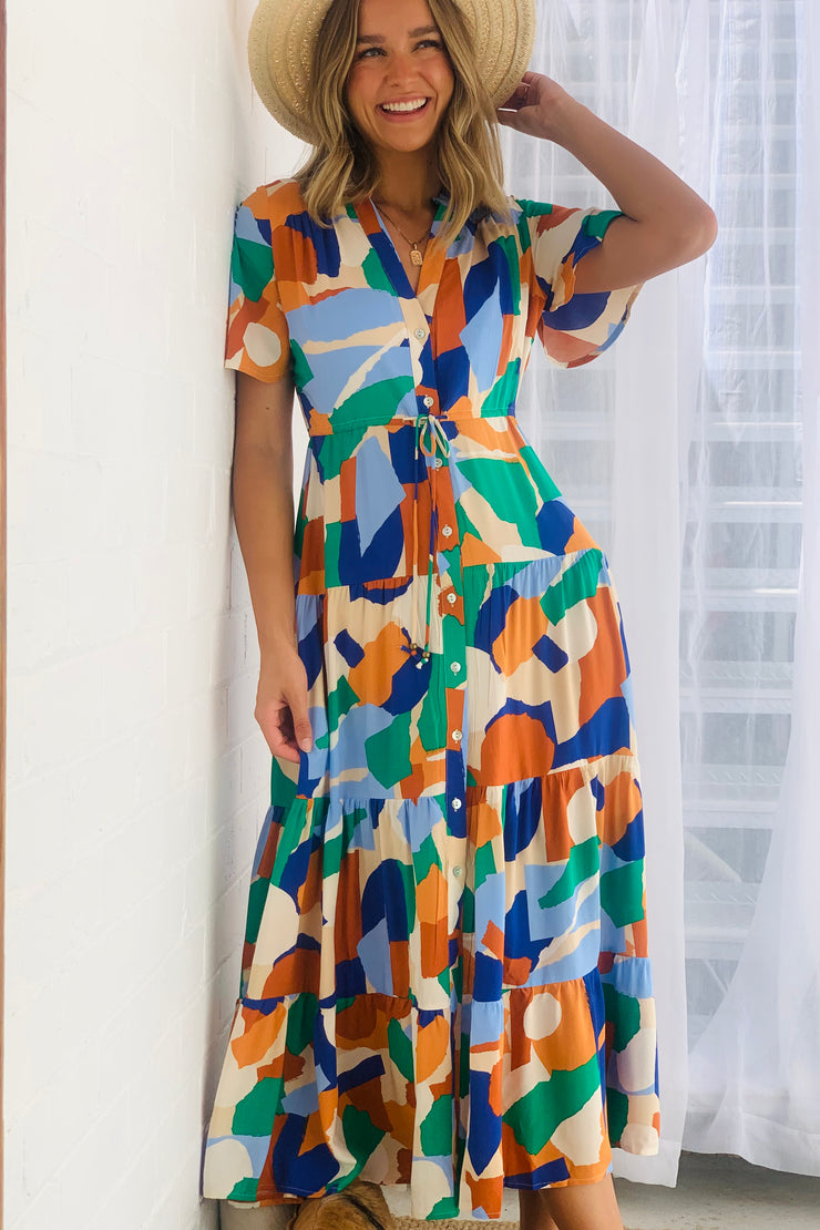 Alana Short Sleeve Midi  Dress in Multi Colour Print