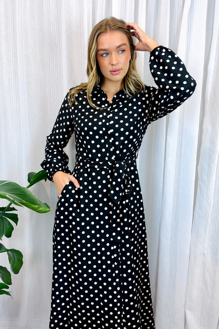 Tamika Polka Dot Dress in Black Long Sleeve