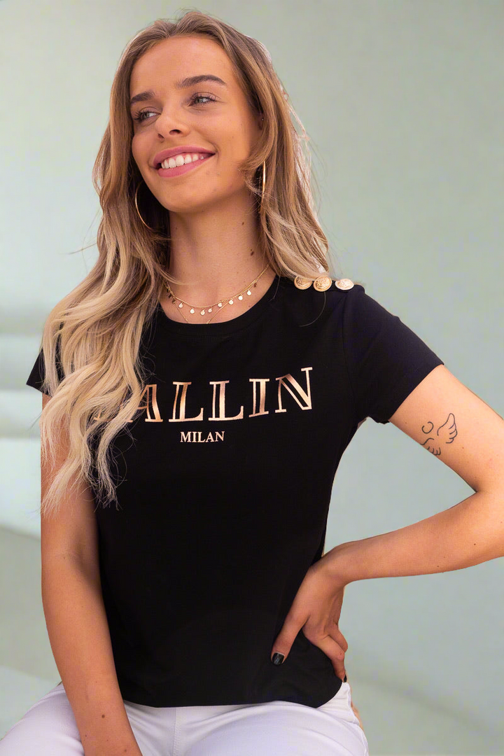 Claudia | Black Ballin T-Shirt With Gold Button Detail