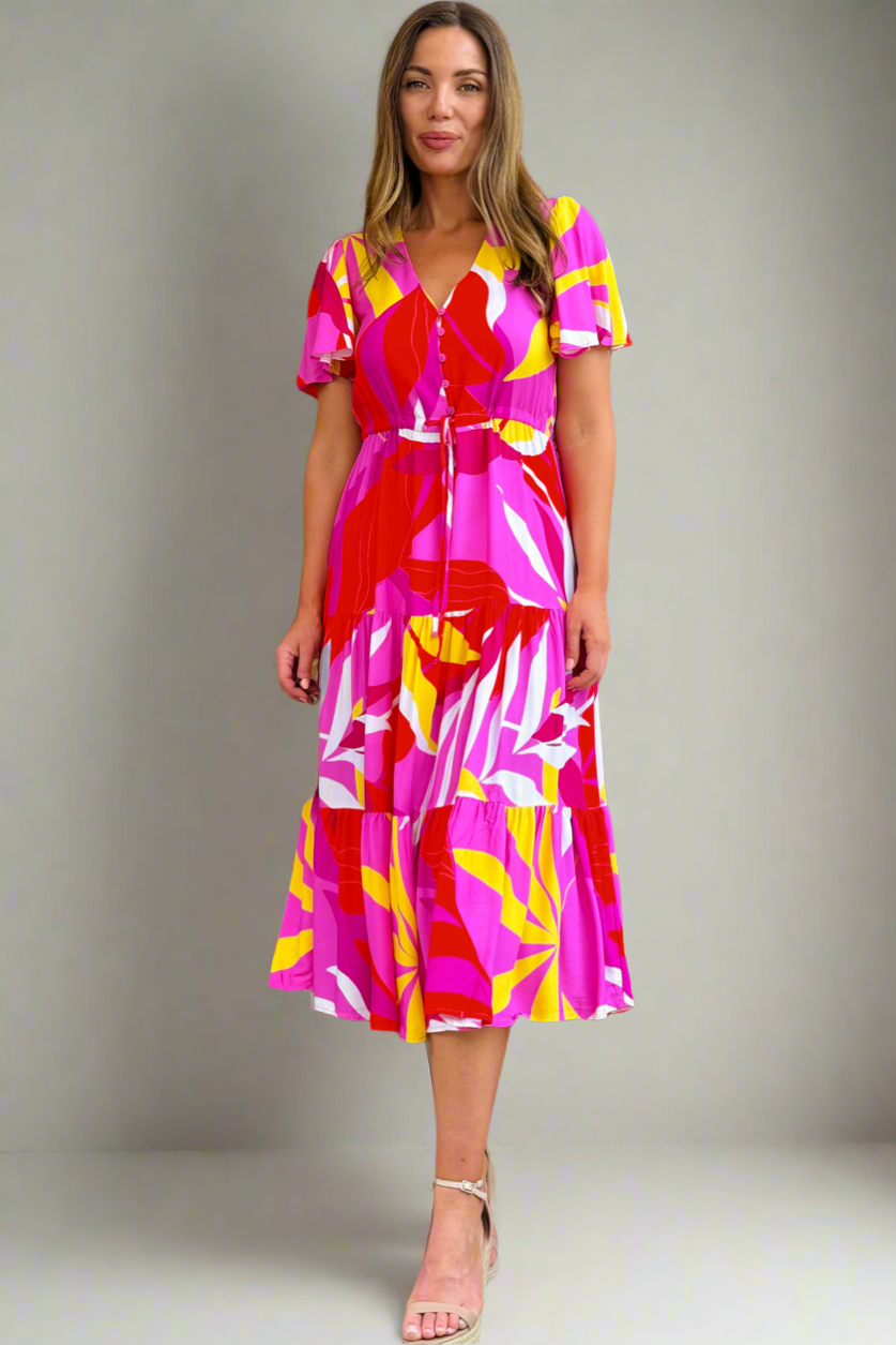 Almalfi Print Drawstring Midi Dress in Pink and Yellow Tones