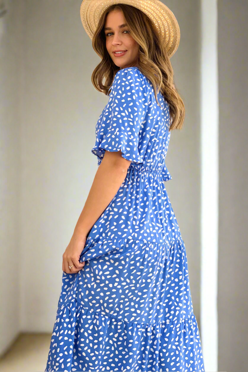 Jeannie Midi Spot Dress In Powder Blue