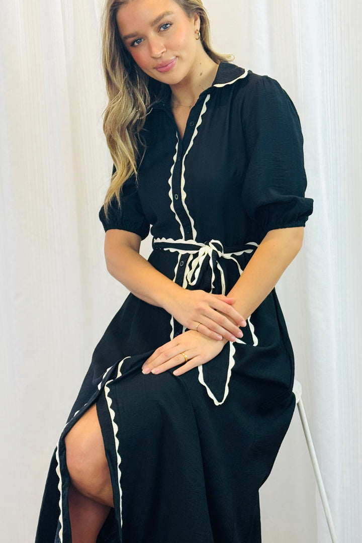 Shyla Shirt Dress in Black With White Trim