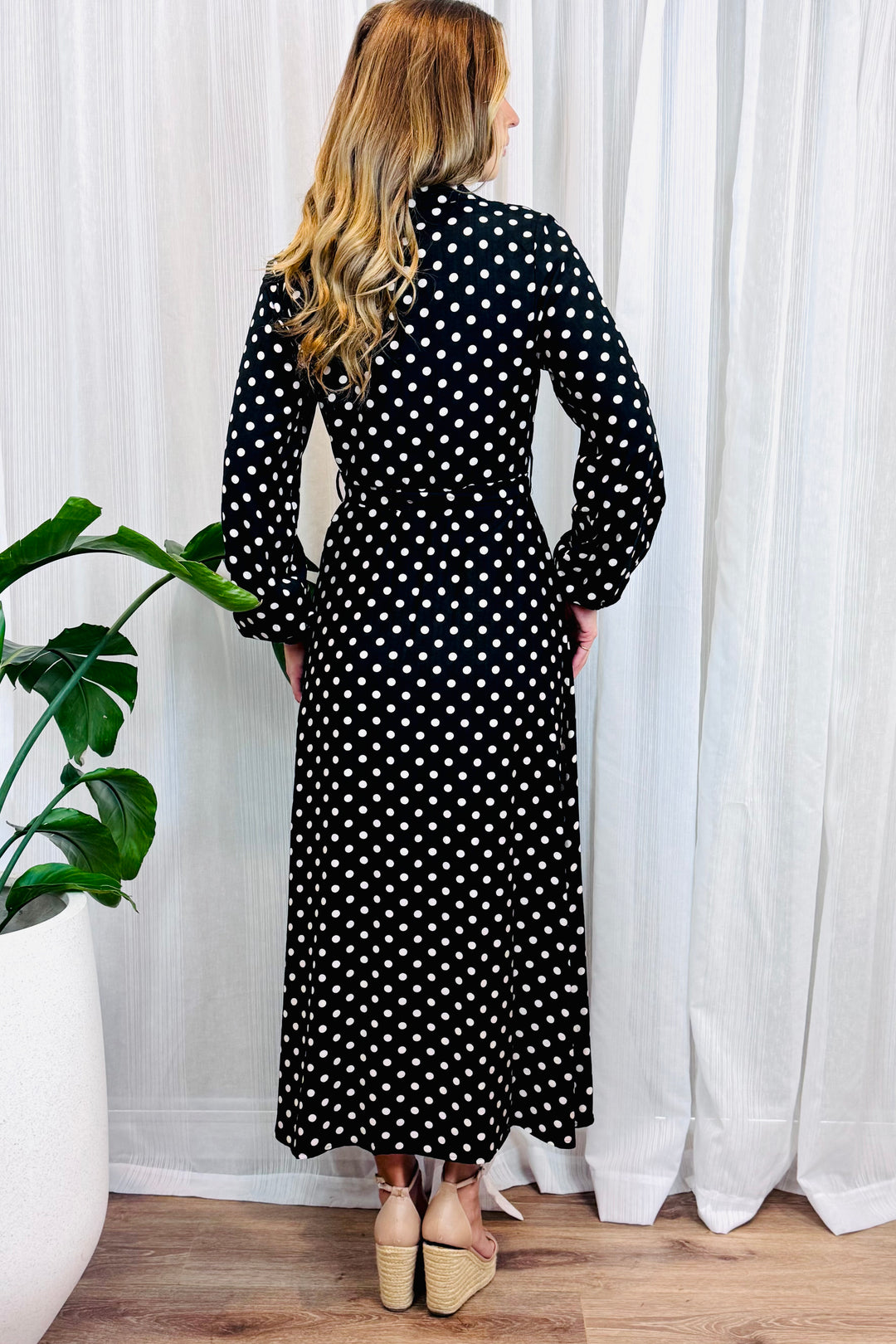 Tamika Polka Dot Dress in Black Long Sleeve