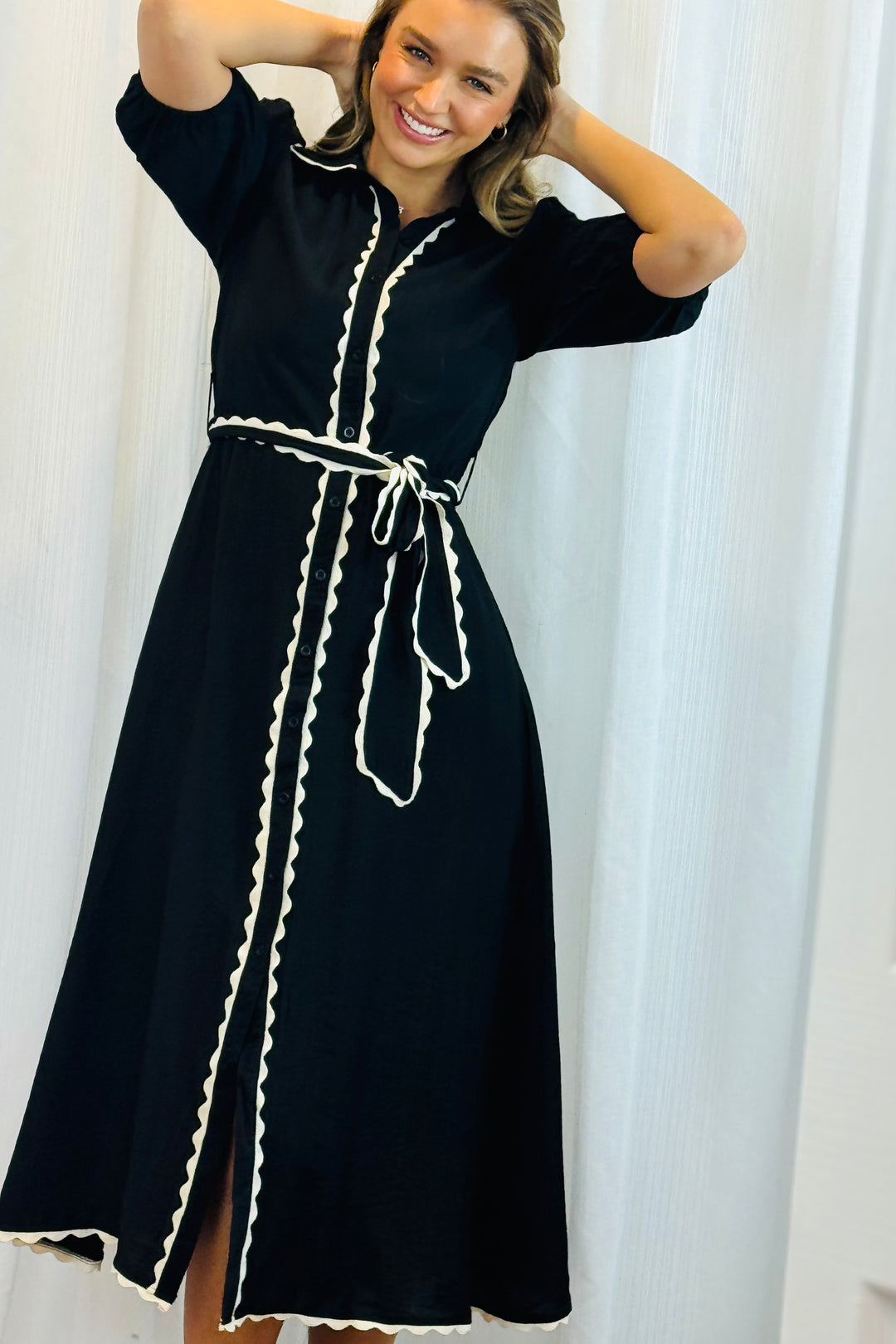 Shyla Shirt Dress in Black With White Trim