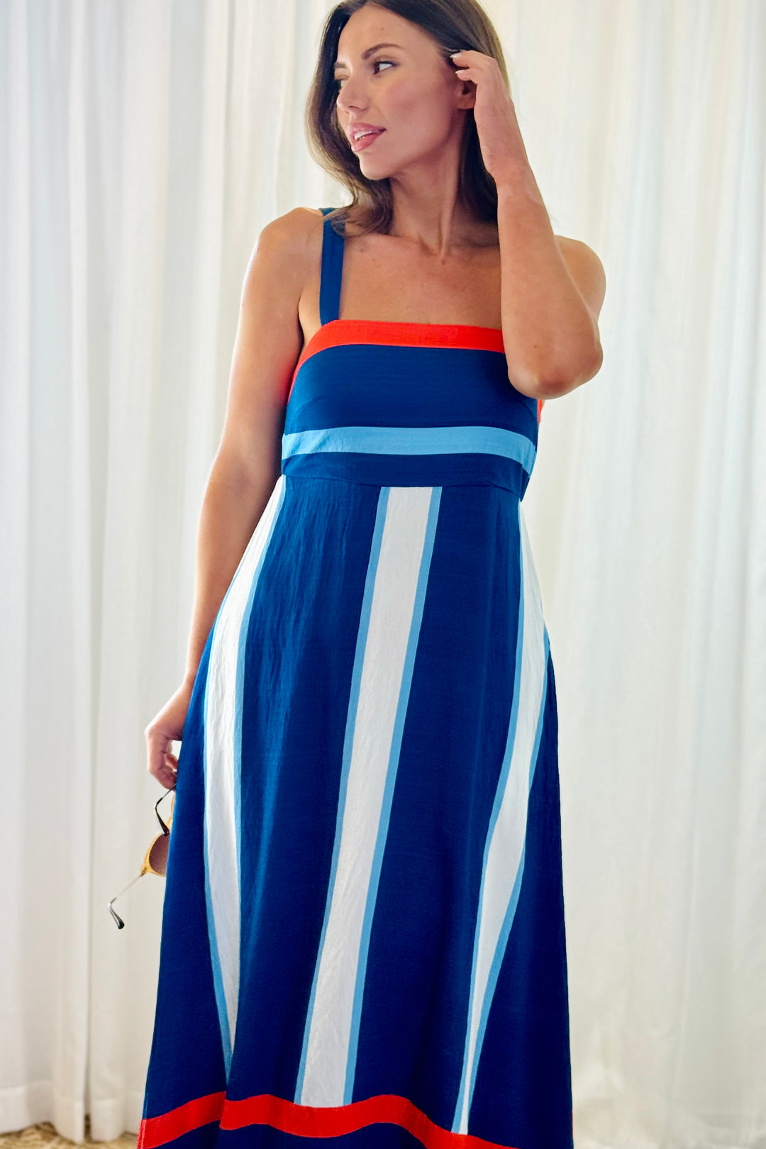 Yasmin Blue, White And Orange Stripe Midi