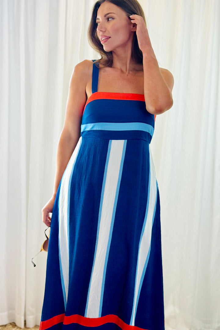 Yasmin Blue, White And Orange Stripe Midi