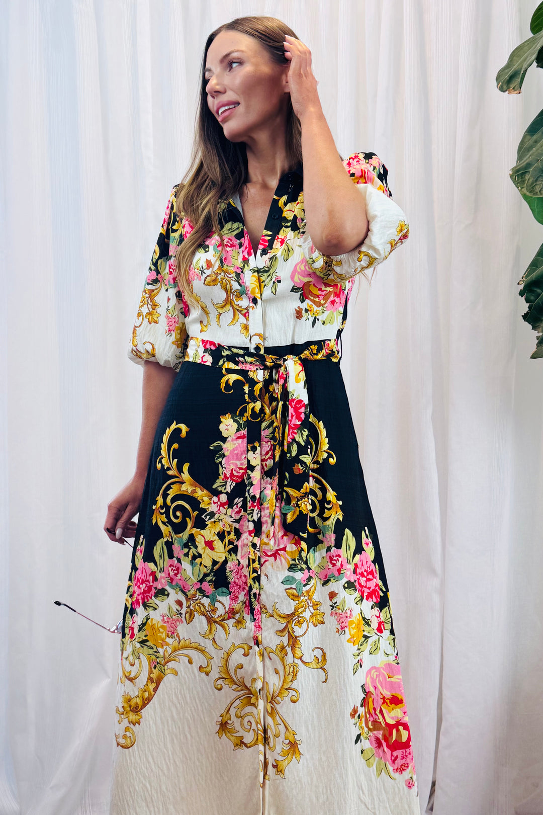 Leila Shirt Dress in Black Multi Print