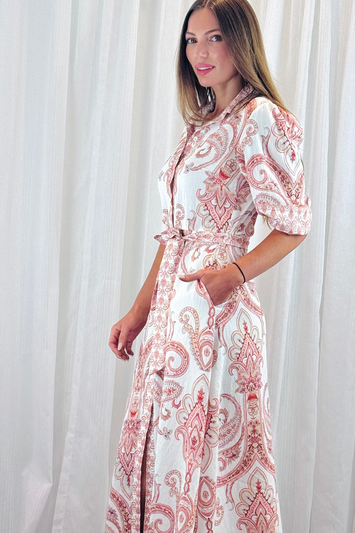 Lenni Paisley Shirt Dress in Off White and Claret Print
