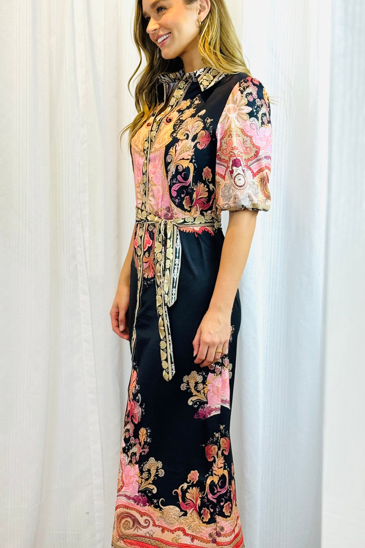 Portia Shirt Dress in Black Multi Print
