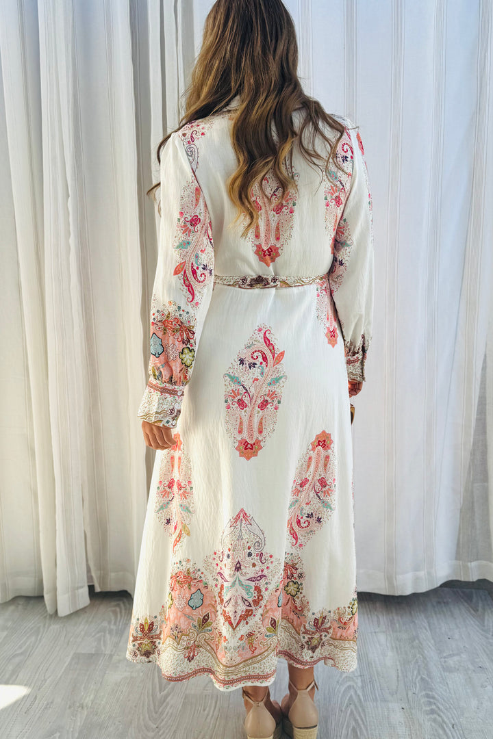 Gidget Embroidered Print Dress in Off White