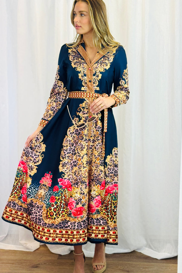 Catalina Navy Embroidered Print Maxi Dress