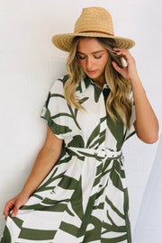 Majella Midi Dress in khaki and white Print with Belt