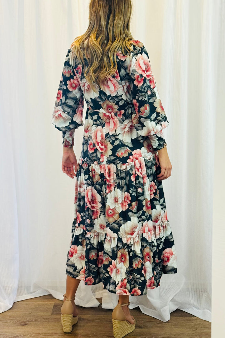 Yasmine Floral Drawstring Maxi Dress with Front Split
