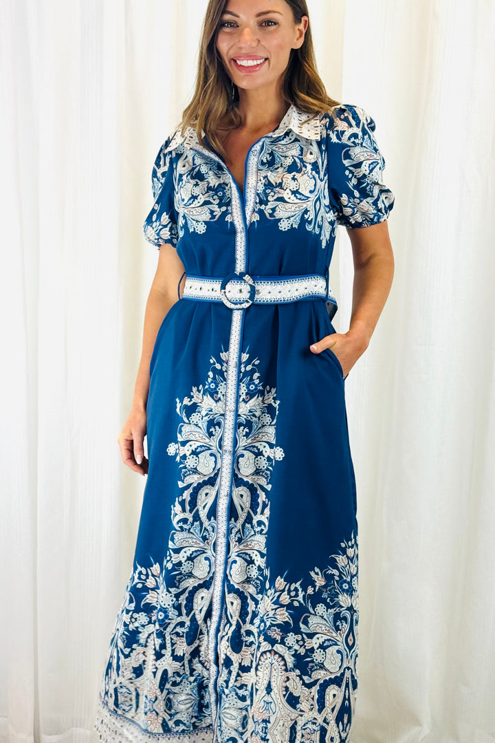 Lopez Embroidered Print Shirt Dress  In Navy