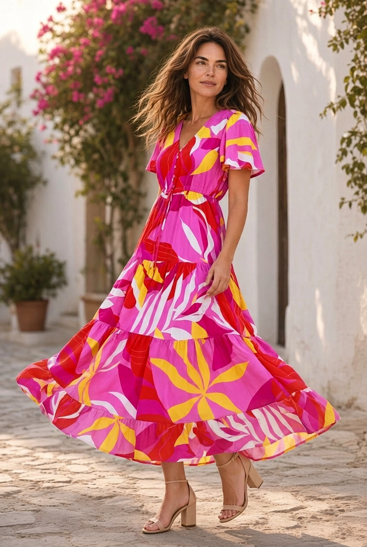 Almalfi Print Drawstring Maxi  Dress in Pink and Yellow Tones
