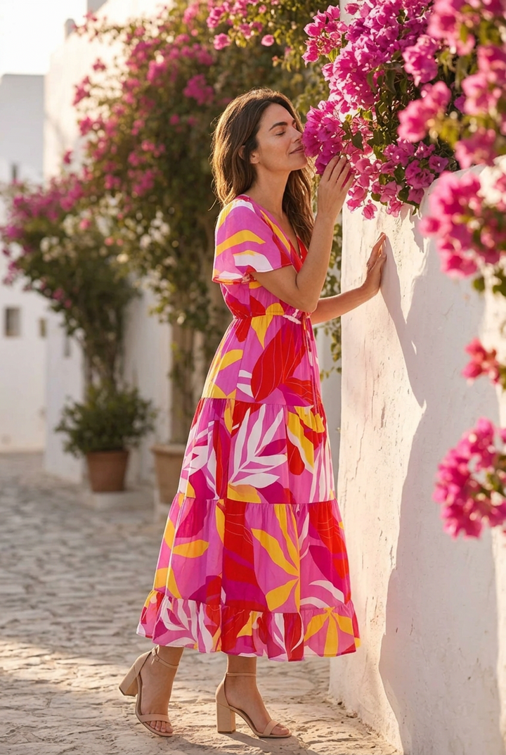 Almalfi Print Drawstring Maxi  Dress in Pink and Yellow Tones