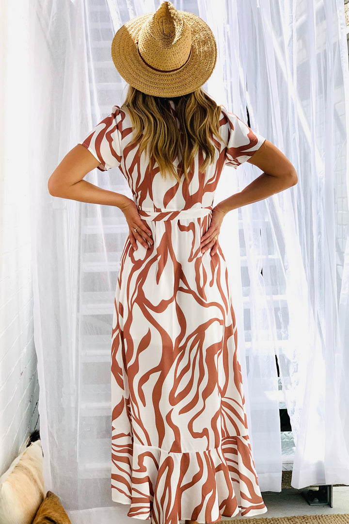 Oceane Wrap MAXI Dress in Tan and White Tiger Print