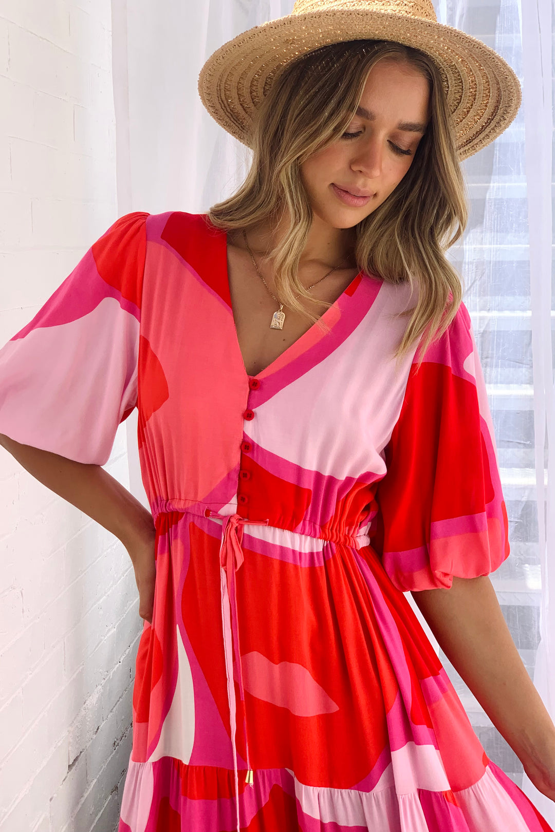 Amalfi Midi Dress in Red and Pink Tones