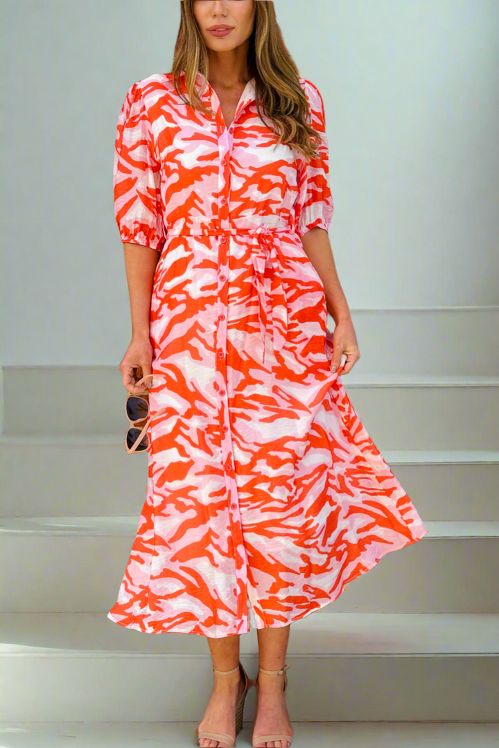 Fallon Orange, Pink and White  Print Midi Shirt Dress