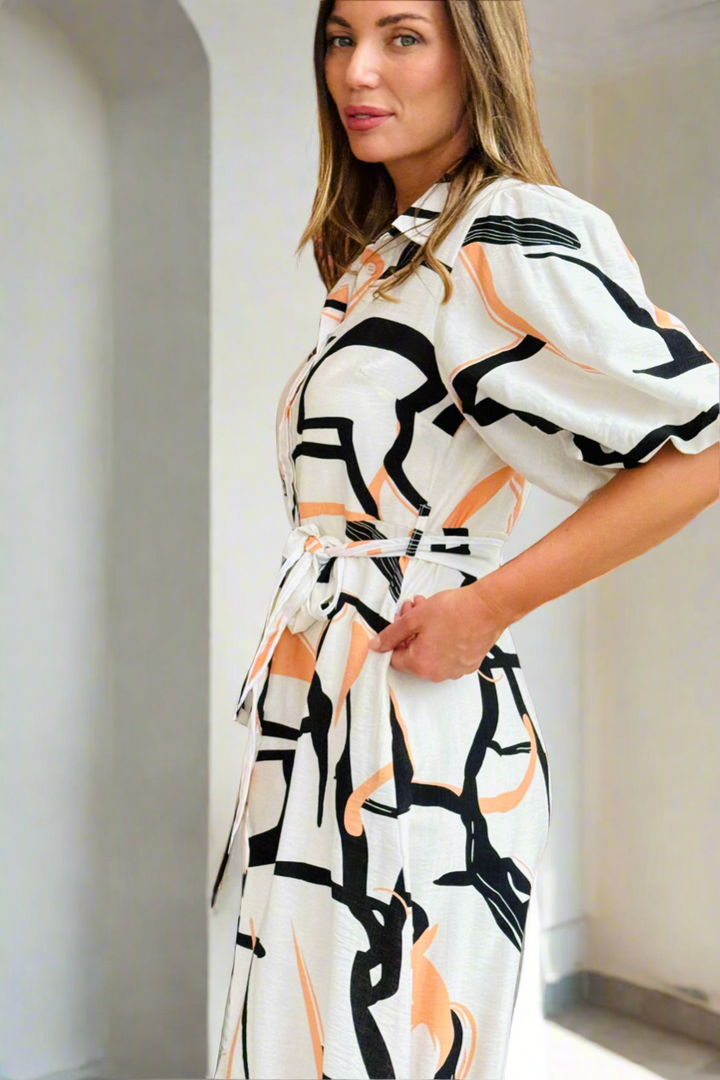 Leah Multi Print Shirt Dress in Off White