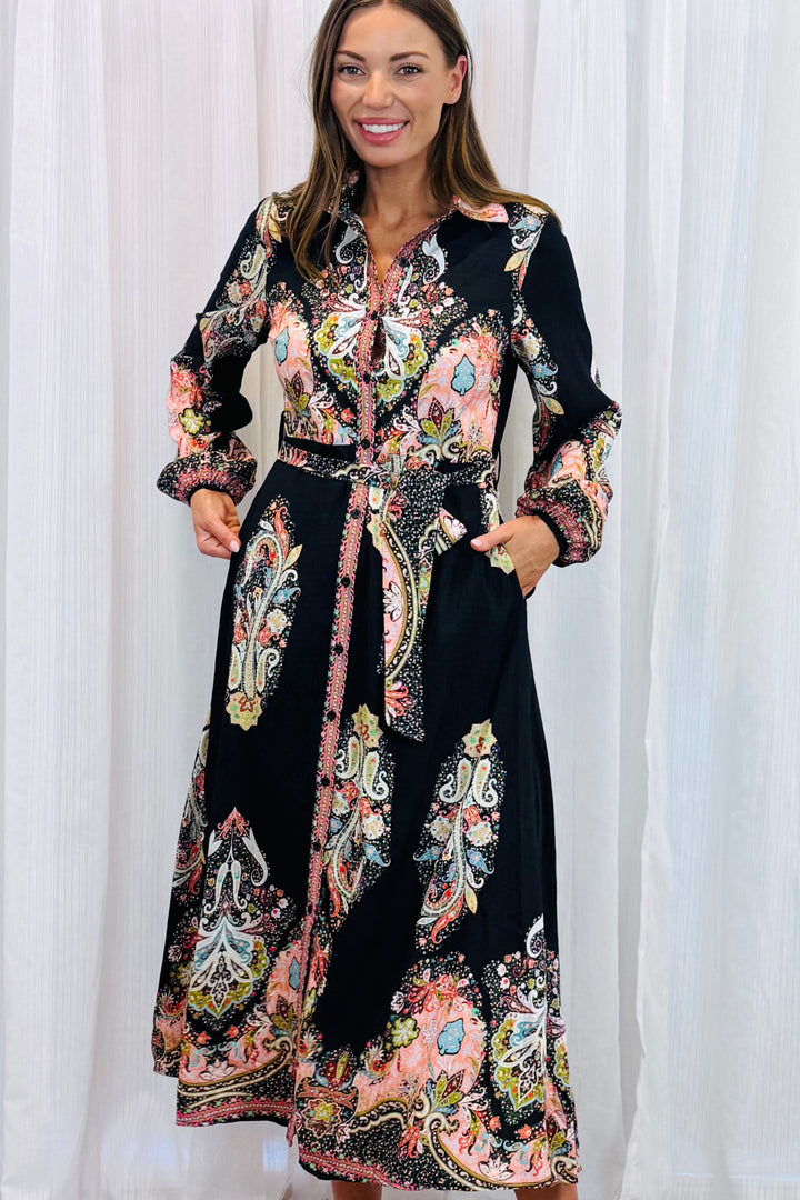 Gidget Long Sleeve Black Embroidered Print Dress in Long Sleeve