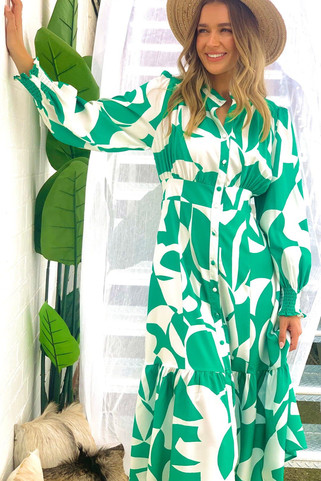 Paige Midi Dress in Green and White Print