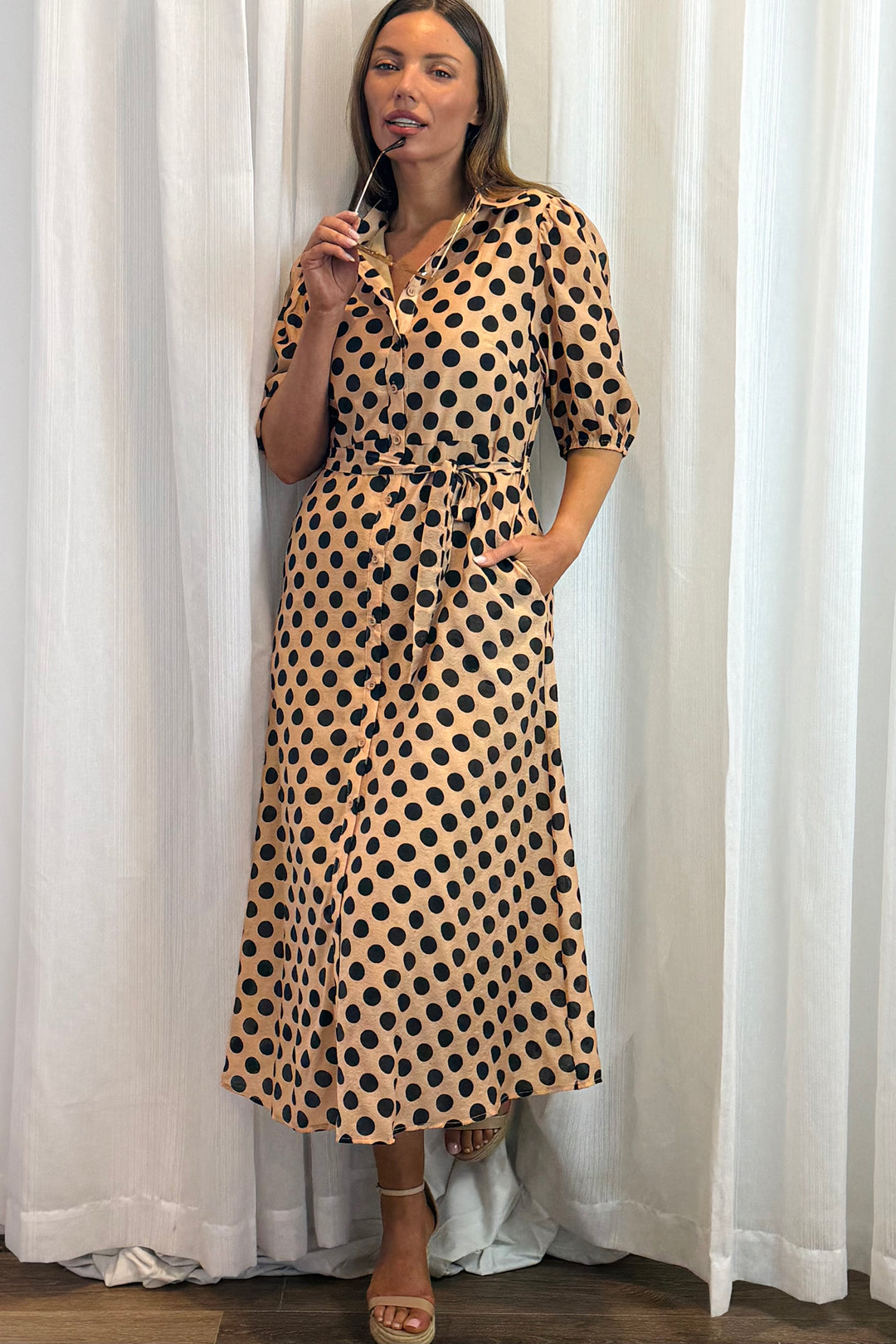 Fallon Polka Dot Shirt Dress in Tan