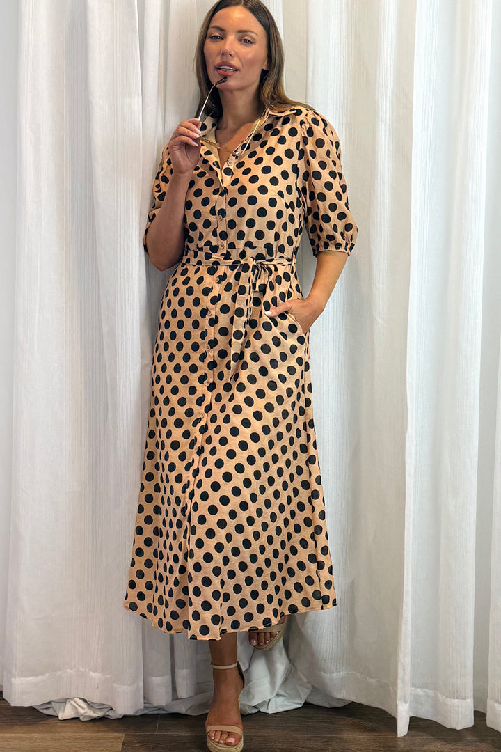 Fallon Polka Dot Shirt Dress in Tan