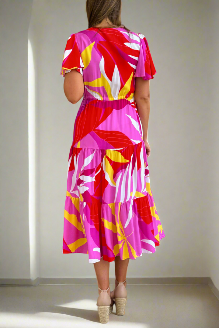 Almalfi Print Drawstring Midi Dress in Pink and Yellow Tones