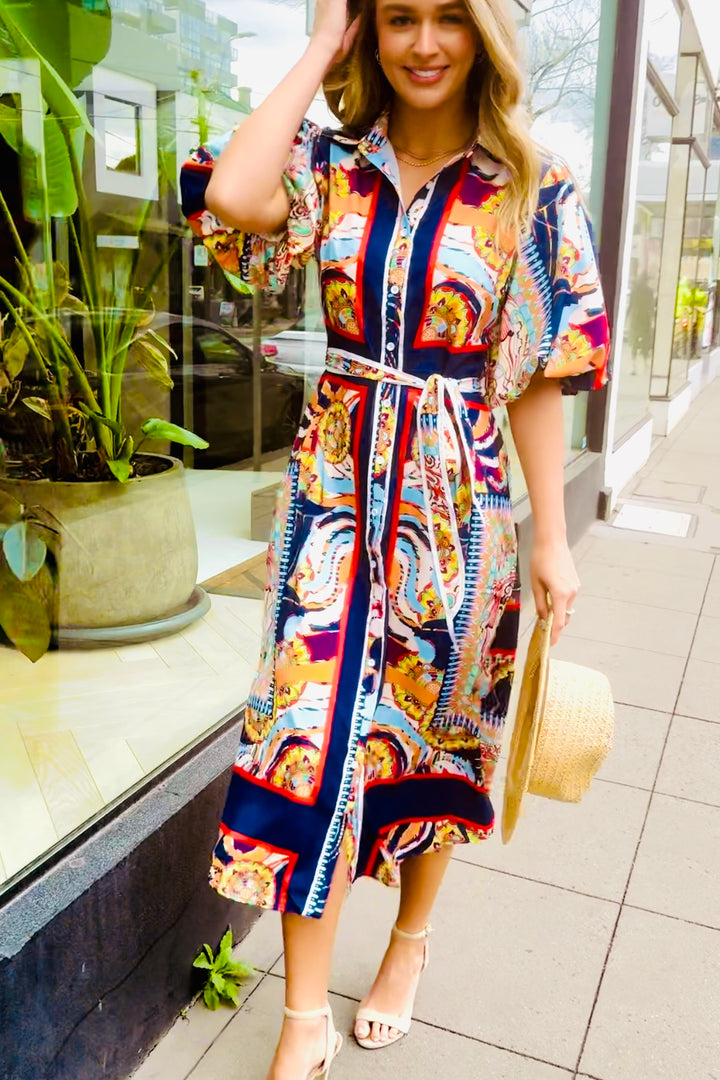 Jasmine Shirt Style Maxi Dress in Multicolour Print