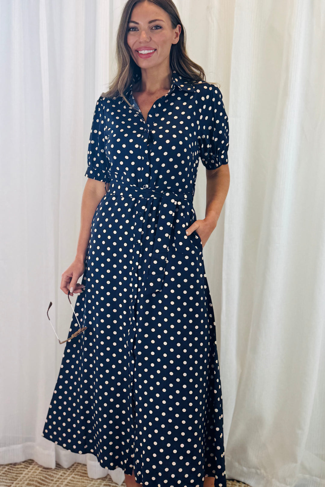 Tamika Spot Dress In Navy And Beige