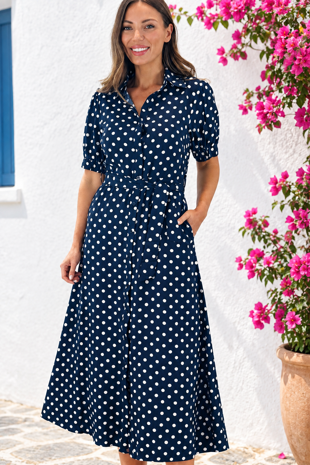 Tamika Spot Dress In Navy And Beige