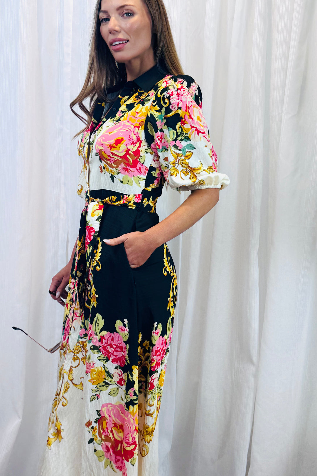 Leila Shirt Dress in Black Multi Print