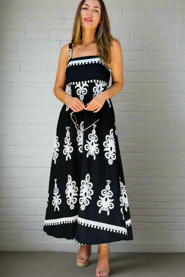 Positano Embroidered Print Maxi Dress in Black and white