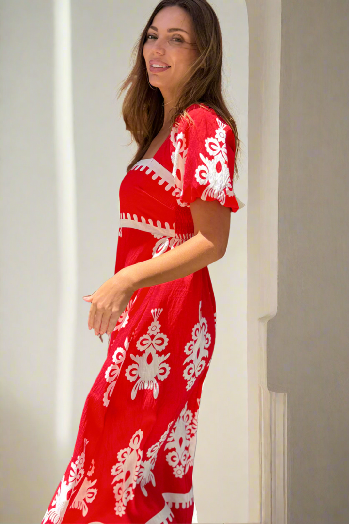 Bonnie Embroidered Print Dress in Red