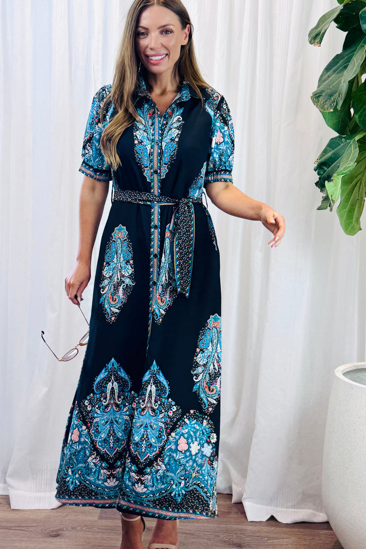 Gidget Shirt Dress in Black and Blue Print