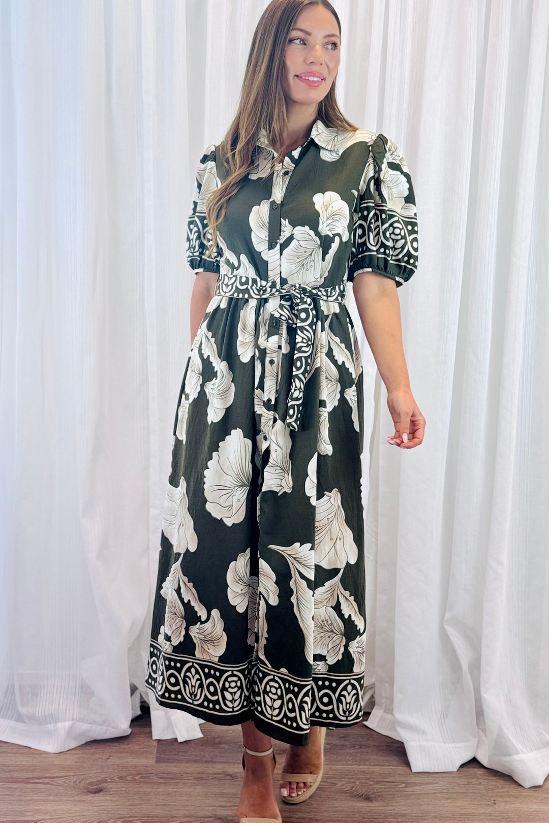 Pamela Multi Print Dress in Khaki