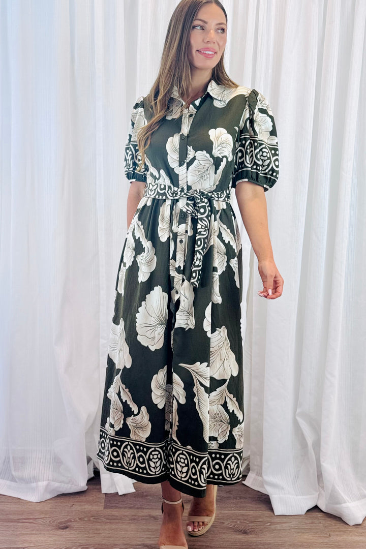 Pamela Multi Print Dress in Khaki