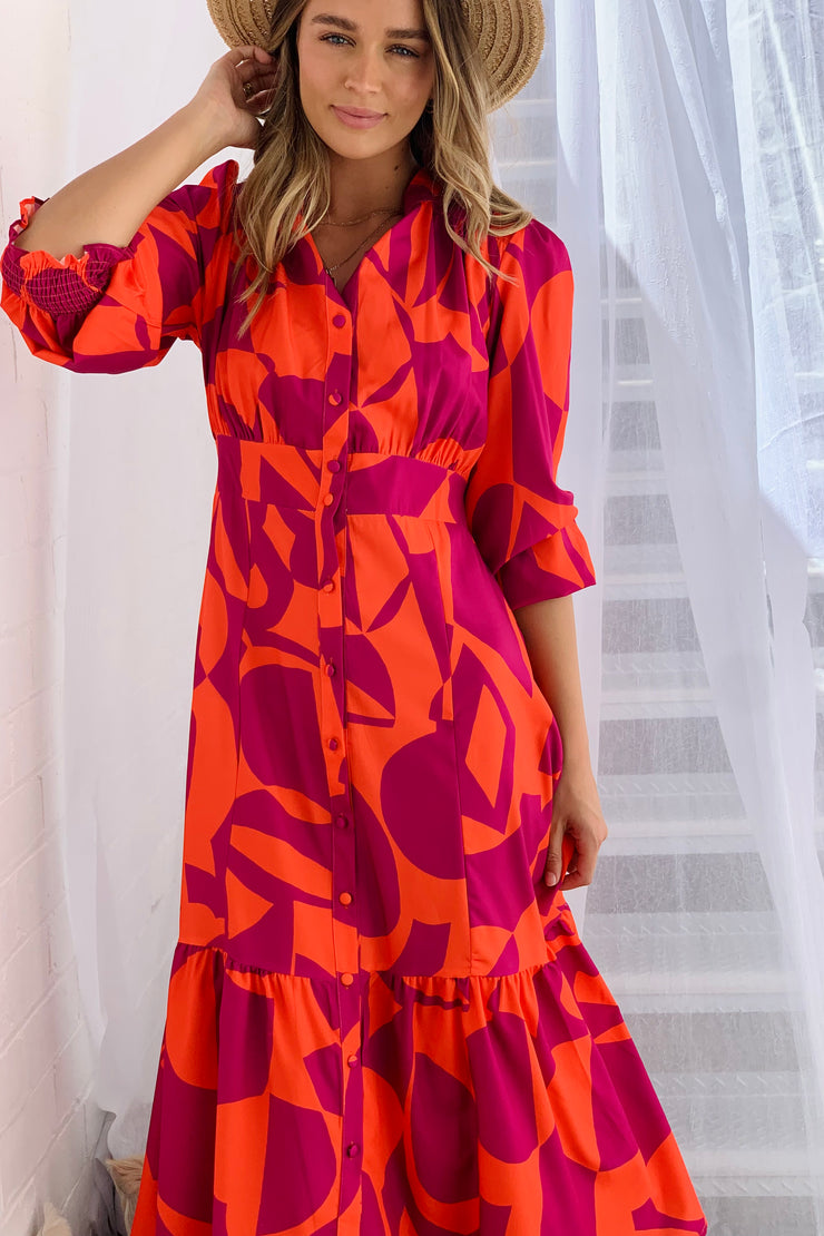 Paige Long Sleeve Maxi Dress in Orange and Purple
