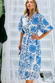 Leah Shirt Dress in Blue and White Print