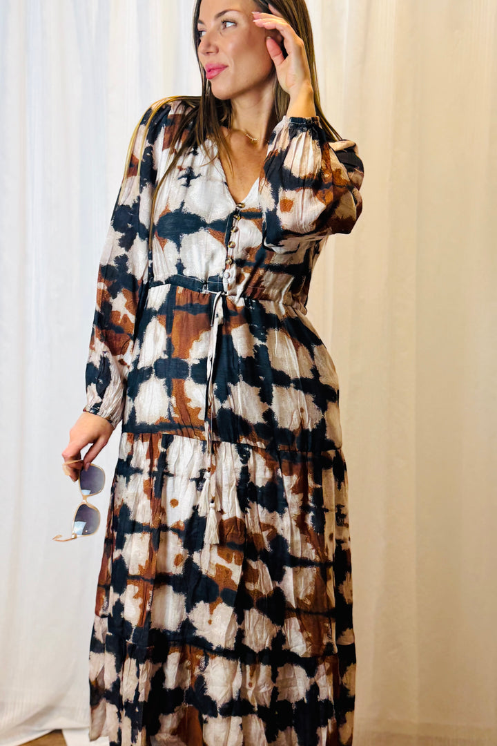 Macey Black and Beige Multi Print Dress
