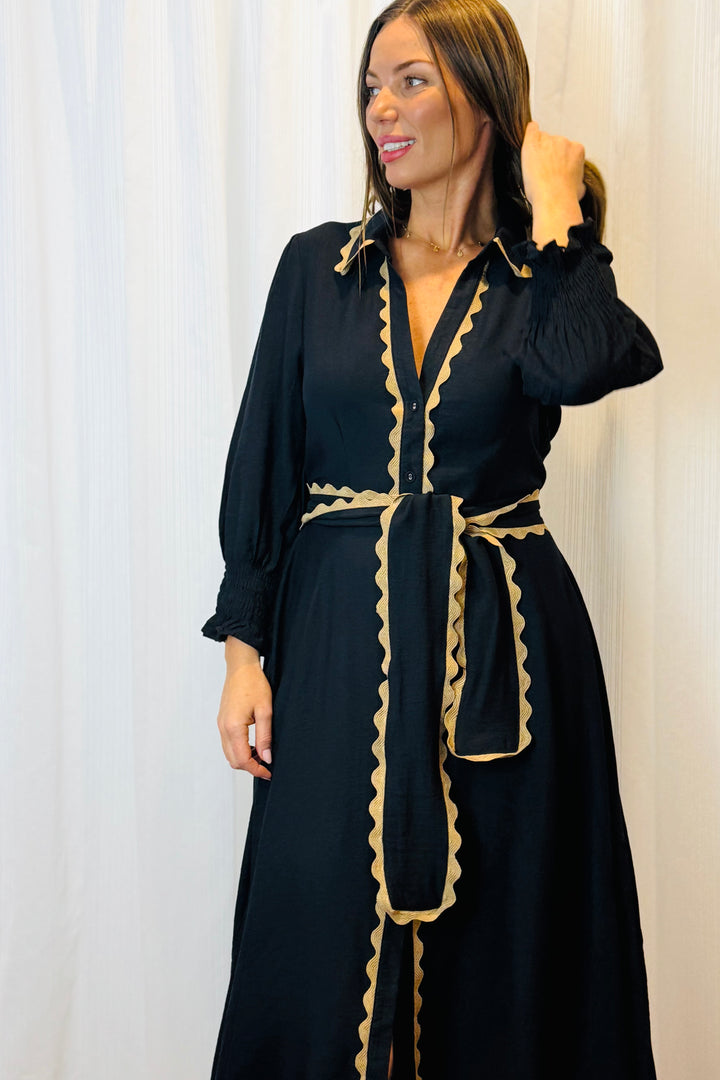 Shyla Midi Dress In Black With Tan Detail