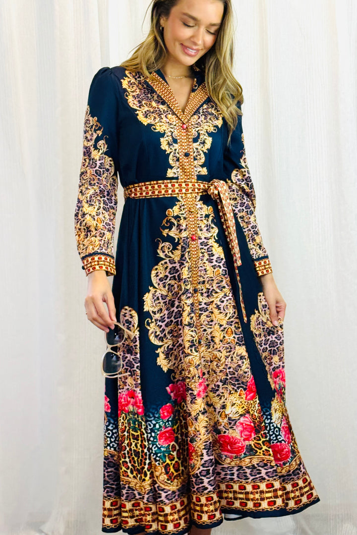 Catalina Navy Embroidered Print Maxi Dress