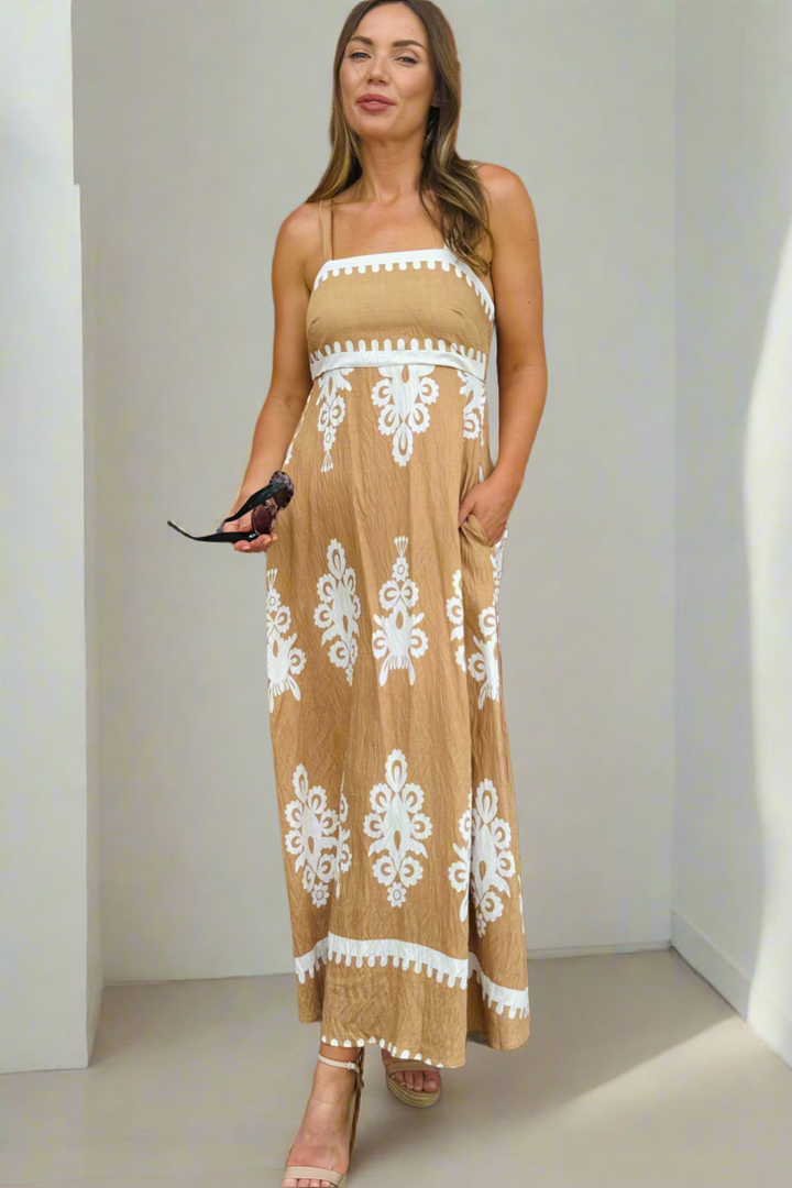 Positano Embroidery Print Maxi Dress in Latte and White