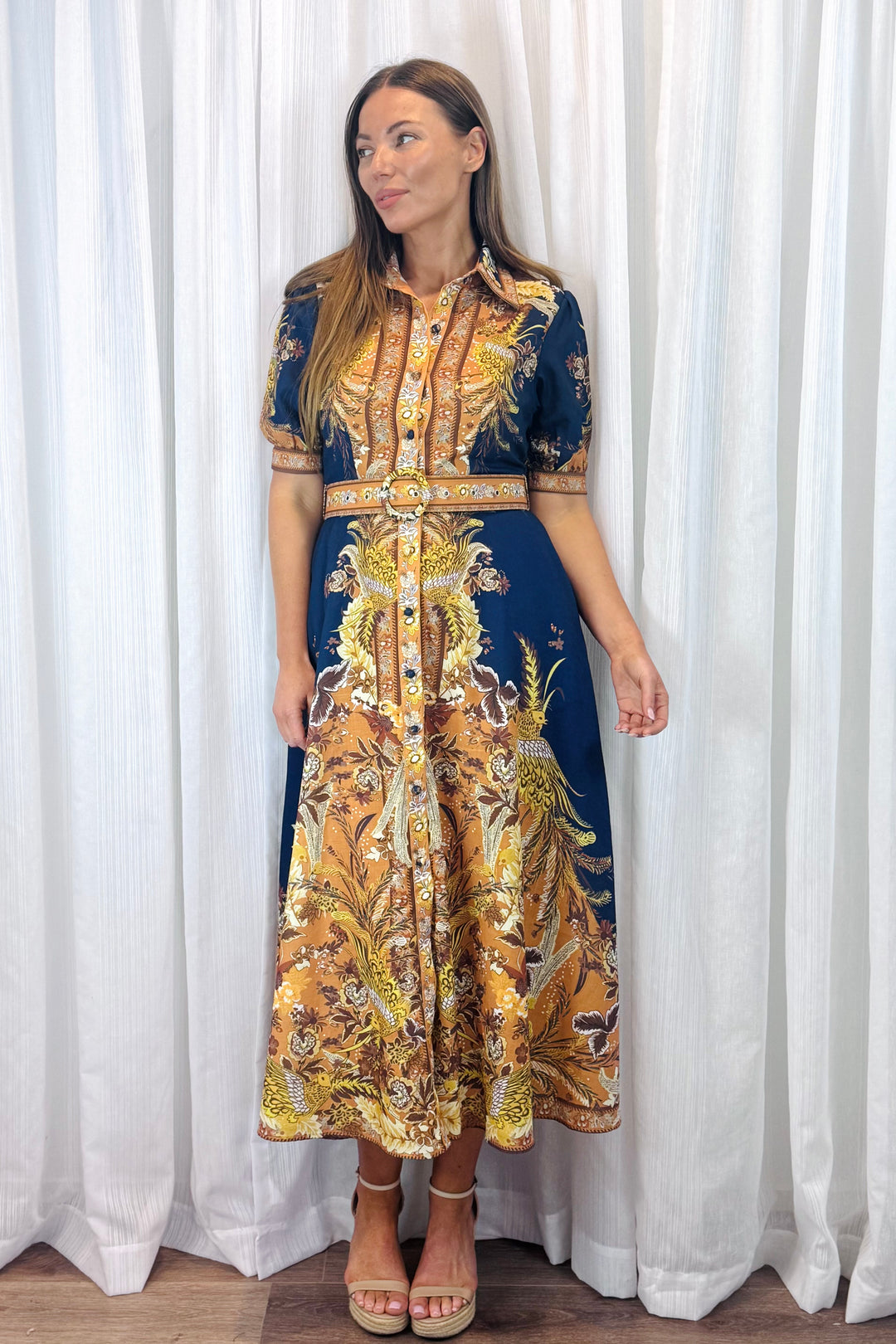 Marilyn Embroidered Print Maxi Dress in Navy.