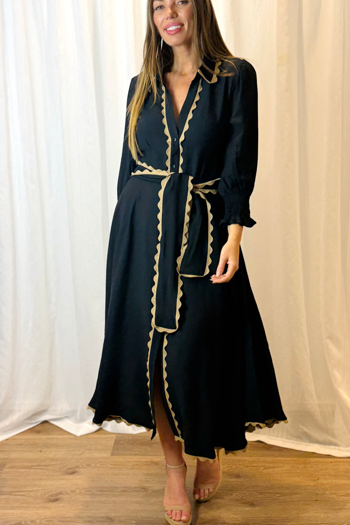 Shyla Midi Dress In Black With Tan Detail